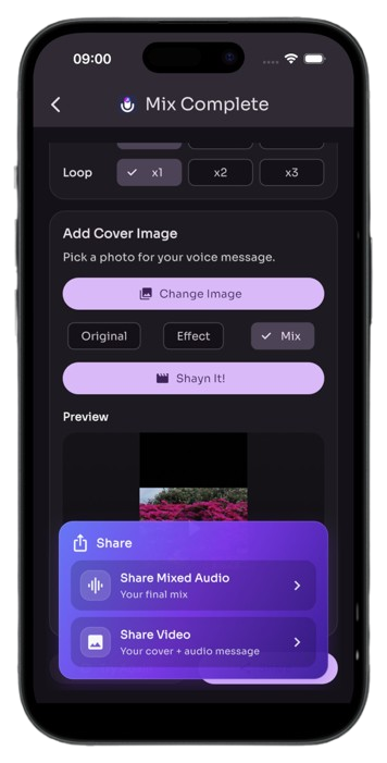 Shayn — add a cover image to your voice message and share it as mixed audio or a video postcard